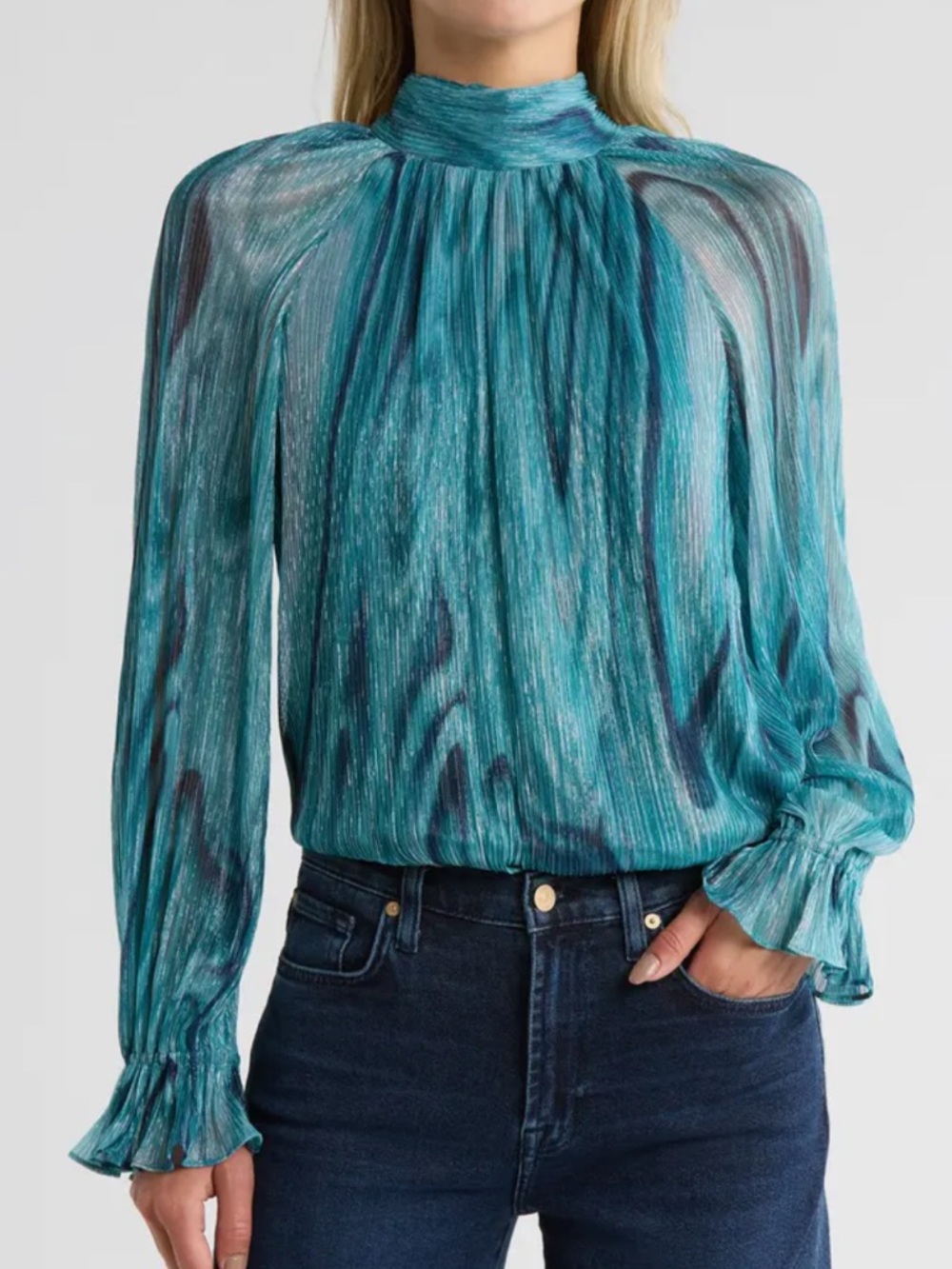 Ramy Brook Anneli Metallic Thread Mock Neck Long Sleeve Top